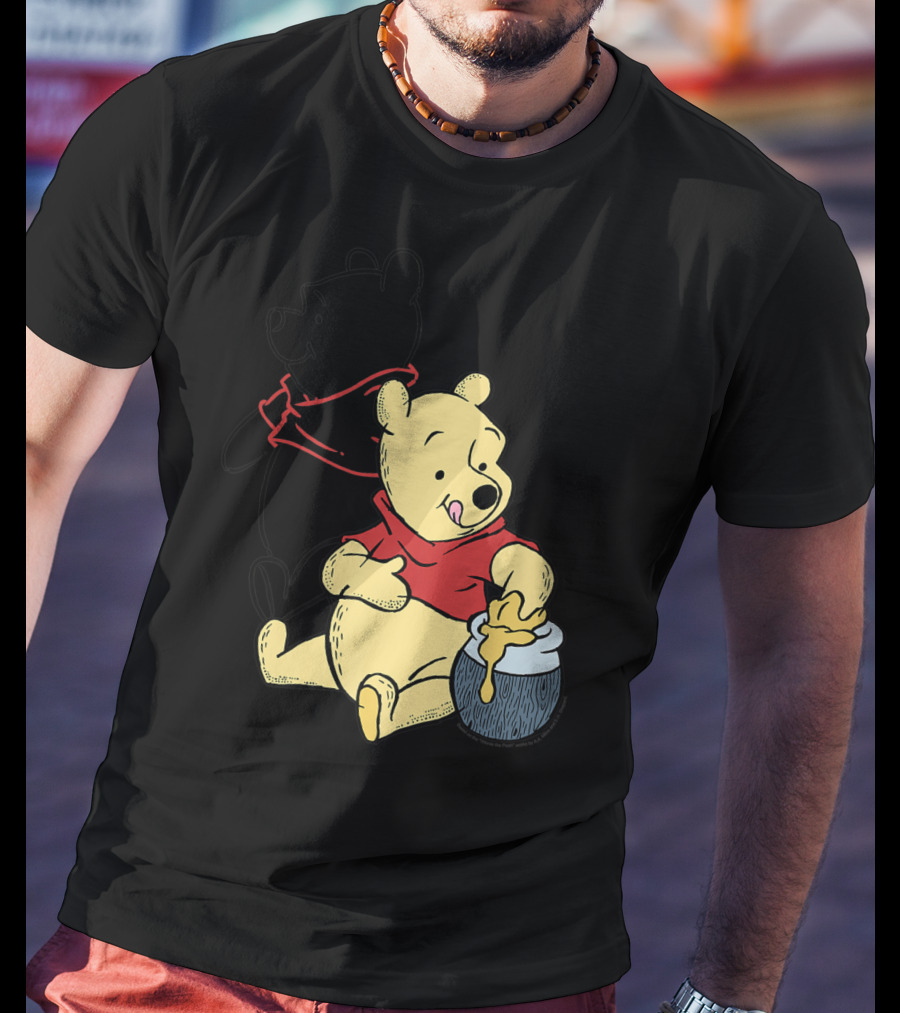 Disney Winnie The Pooh Outline And Colored Character Sitting With Honey Jar T-Shirt
