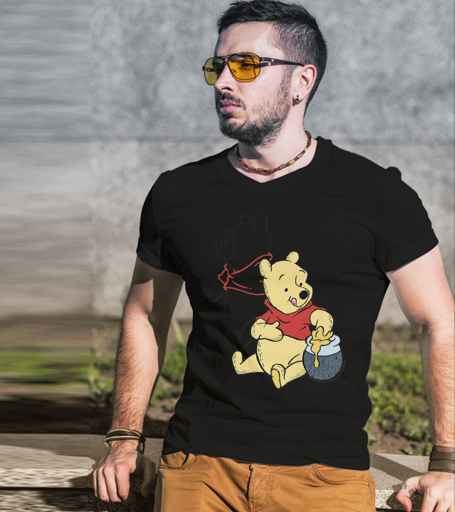 Disney Winnie The Pooh Outline And Colored Character Sitting With Honey Jar T-Shirt