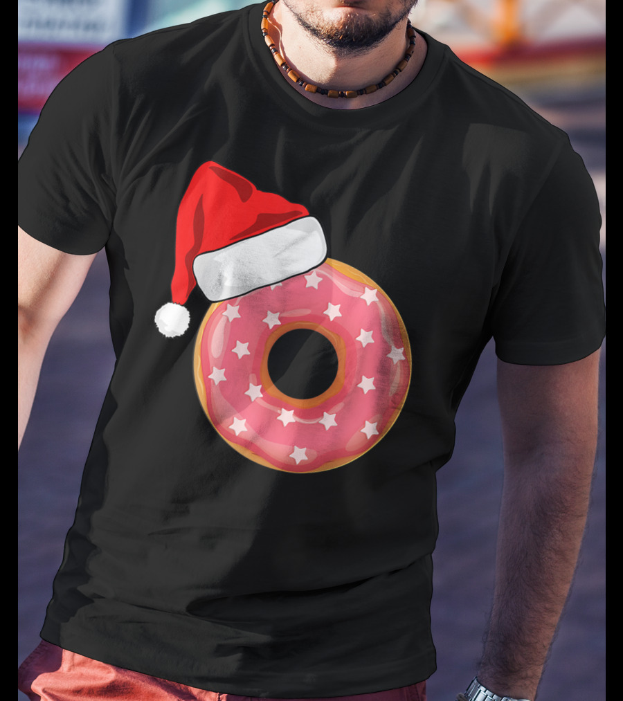 Santa Hat On Pink Strawberry Donut With Stars T-Shirt