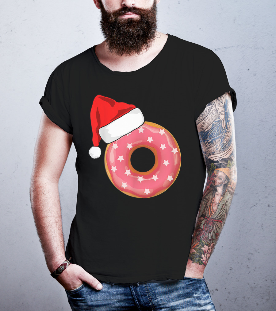 Santa Hat On Pink Strawberry Donut With Stars T-Shirt