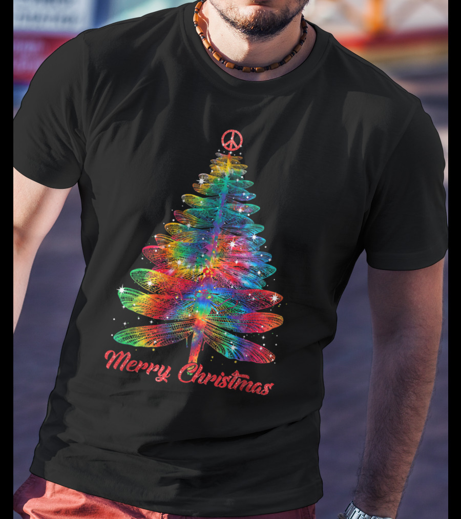 Merry Christmas Dragonfly Peace Sign Christmas Tree T-Shirt