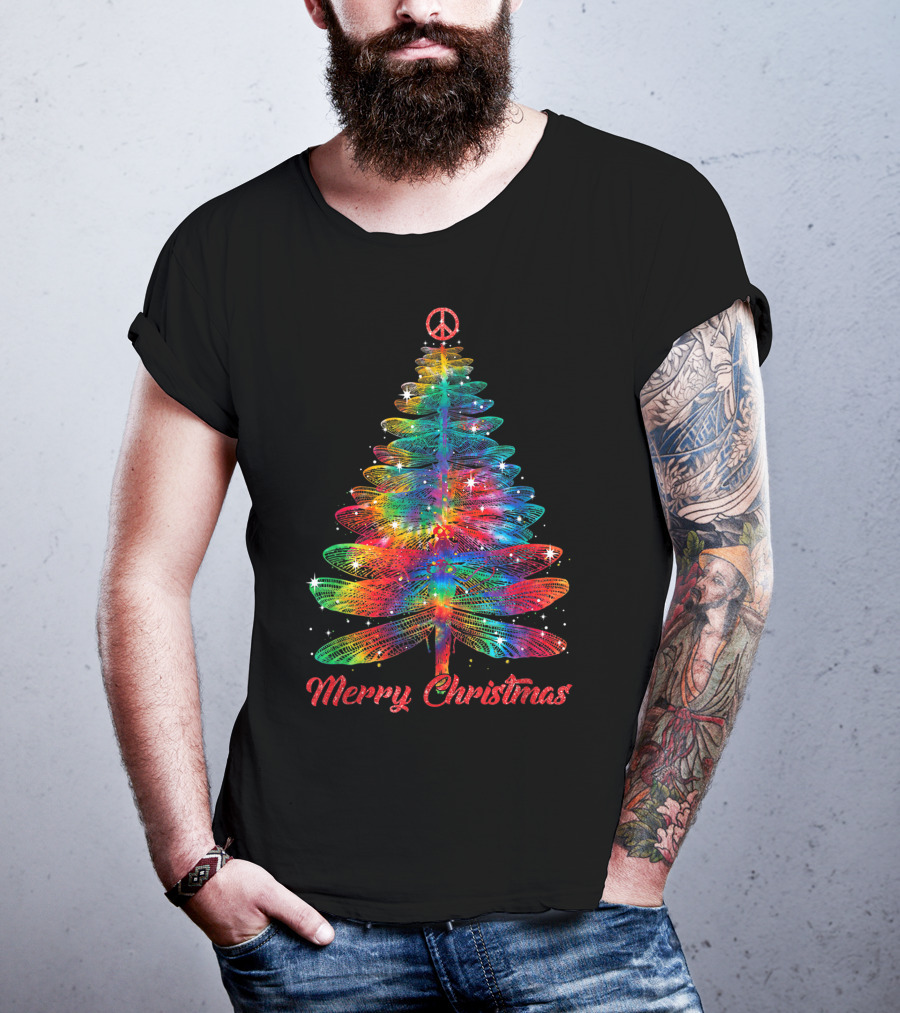 Merry Christmas Dragonfly Peace Sign Christmas Tree T-Shirt