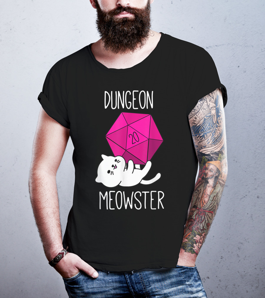 Dungeon Meowster Funny Nerdy Cat D20 Dice T-Shirt