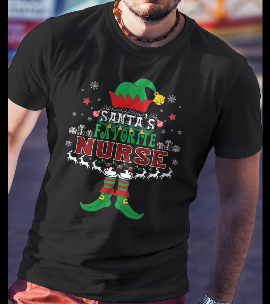 Santa's Favorite Nurse Elf Xmas Gifts Reindeer Bells Snowflakes T-Shirt
