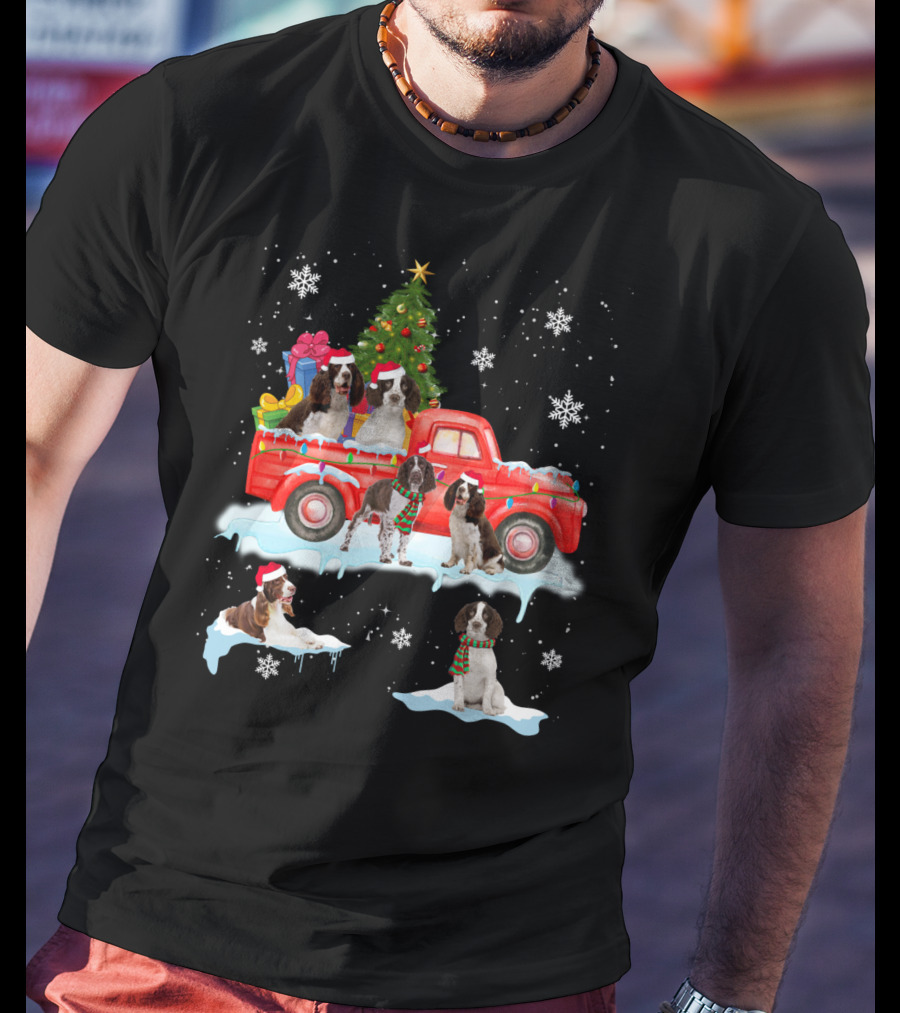 English Springer Spaniel Christmas Scene With Santa Hats On Red Truck And Snowflakes T-Shirt