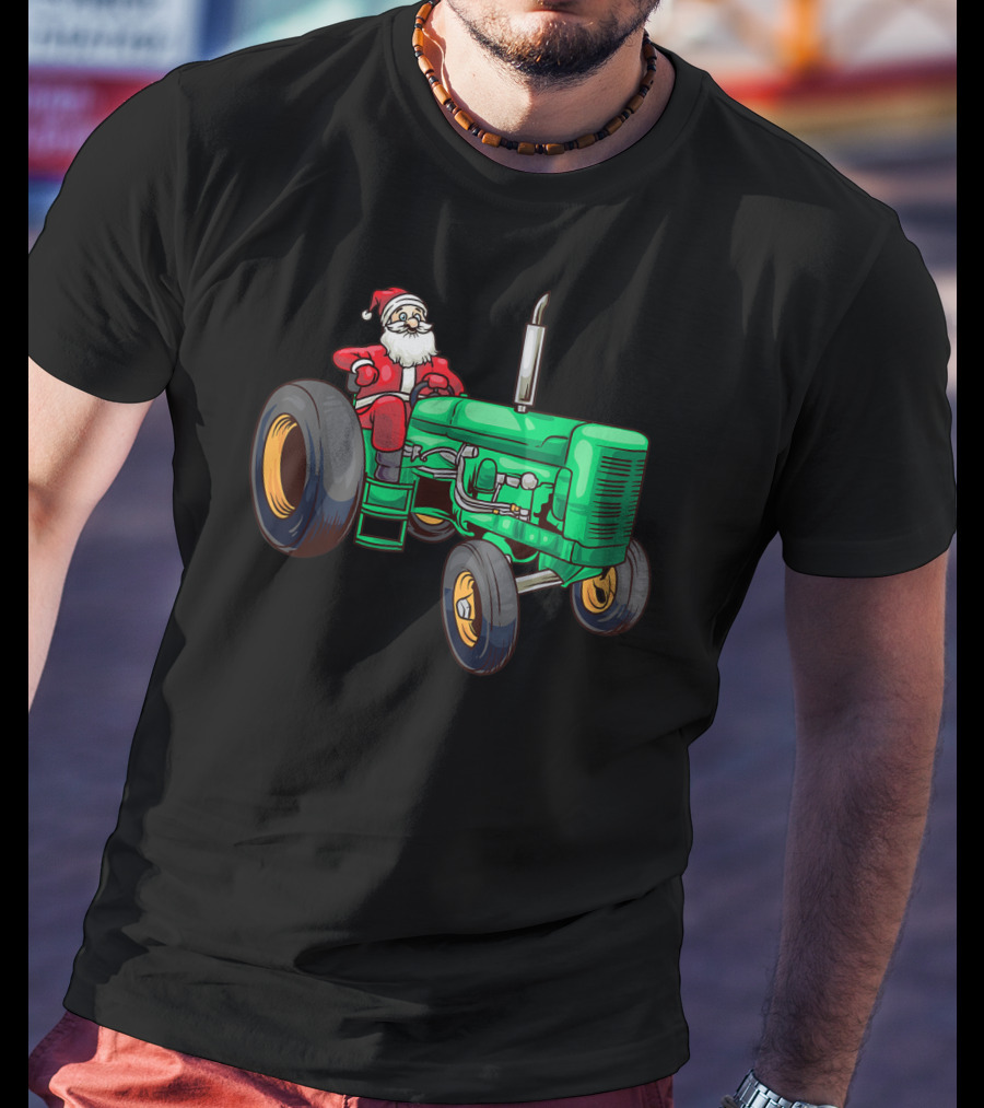 Santa Claus Riding Green Farm Tractor T-Shirt