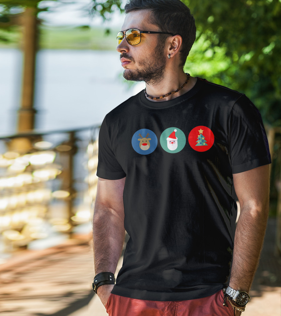 Festive Bright Colorful Reindeer Santa Tree Christmas Icons T-Shirt