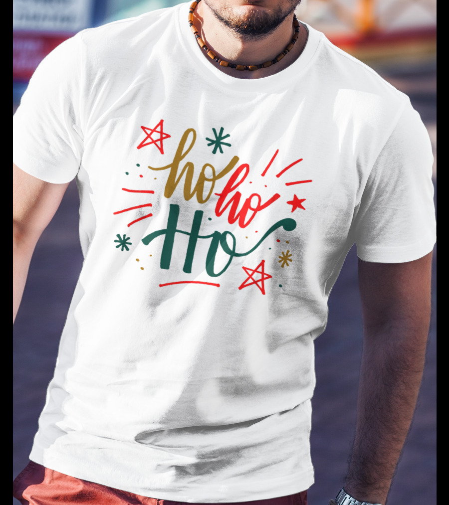 Festive Bright Red And Green Christmas Ho Ho Ho Stars T-Shirt