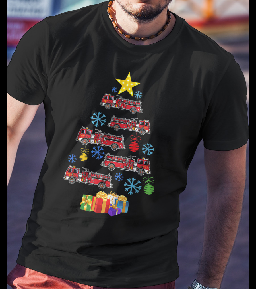 Firetruck Christmas Tree Xmas Firefighter Gifts Snowflakes Star T-Shirt