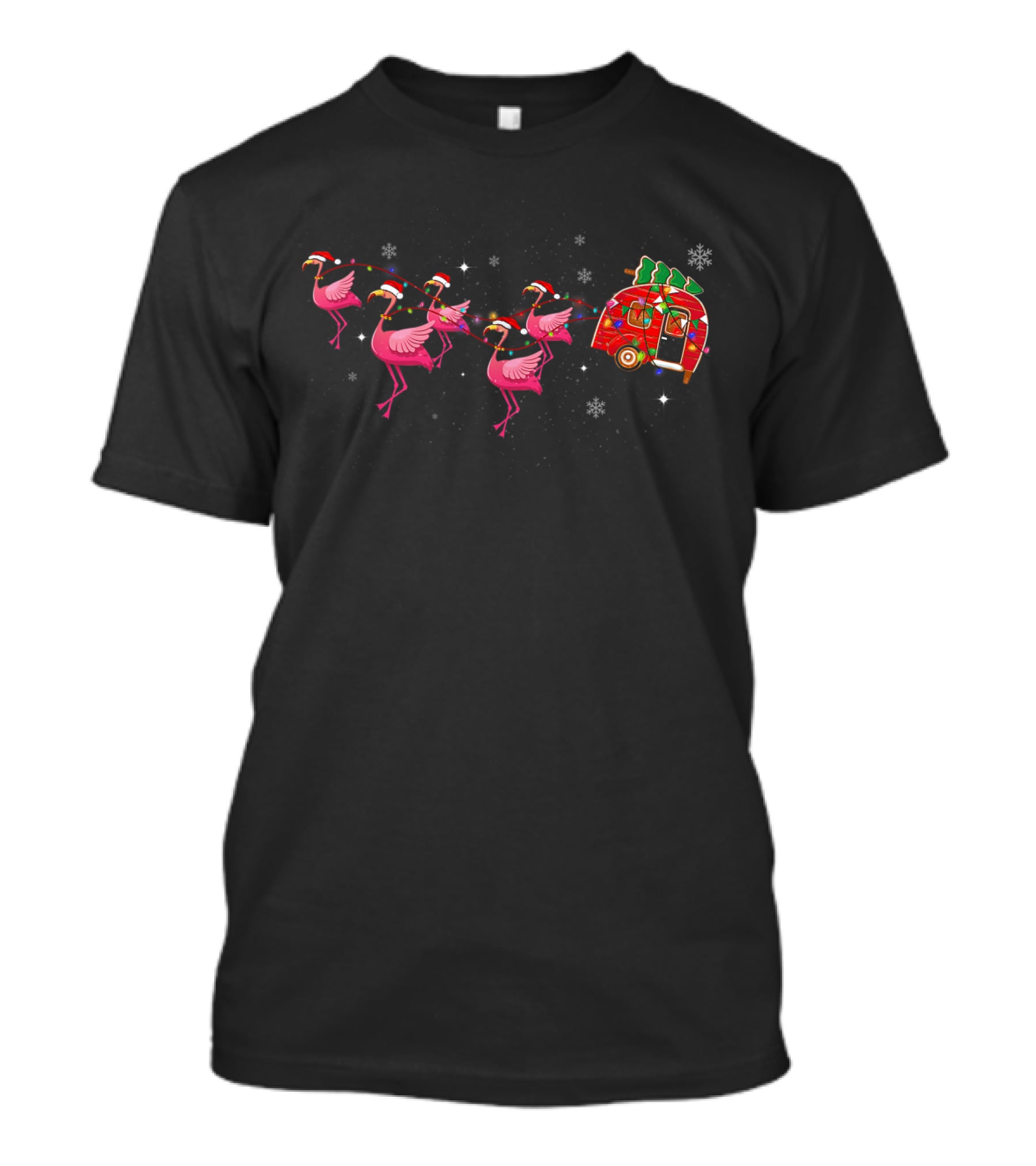 Flamingo Camper Santa Hat Christmas Glamping With Snowflakes T-Shirt
