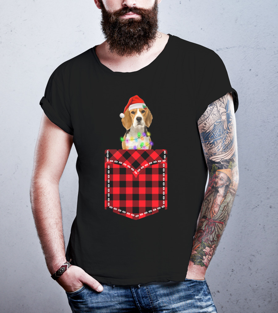 Funny Beagle Santa Hat Buffalo Plaid Xmas Lights In Pocket T-Shirt