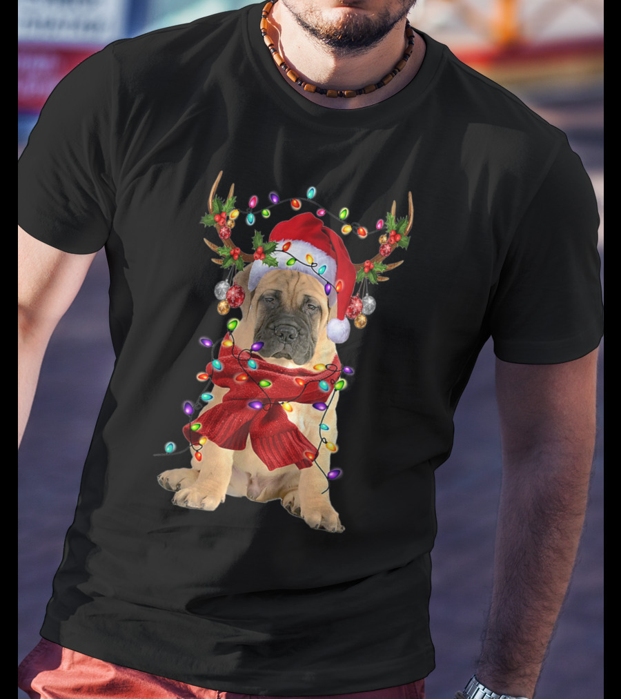 Festive Bull Mastiff Reindeer Lights Christmas Dog T-Shirt