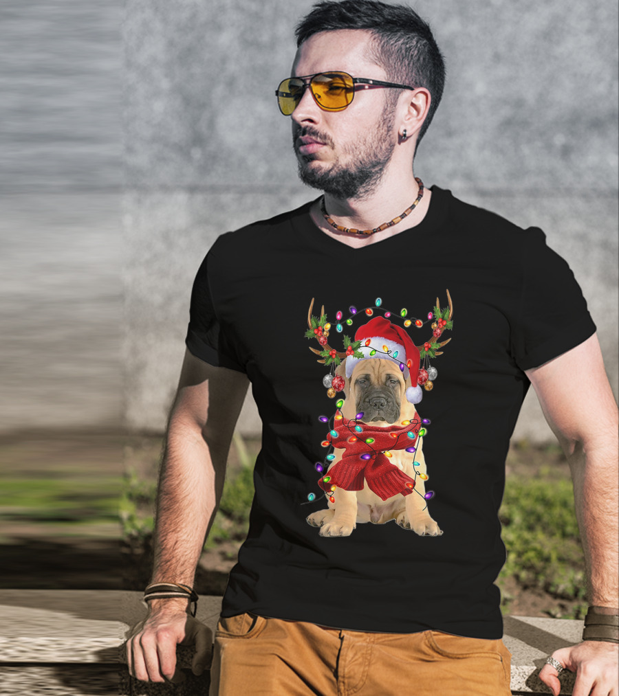 Festive Bull Mastiff Reindeer Lights Christmas Dog T-Shirt