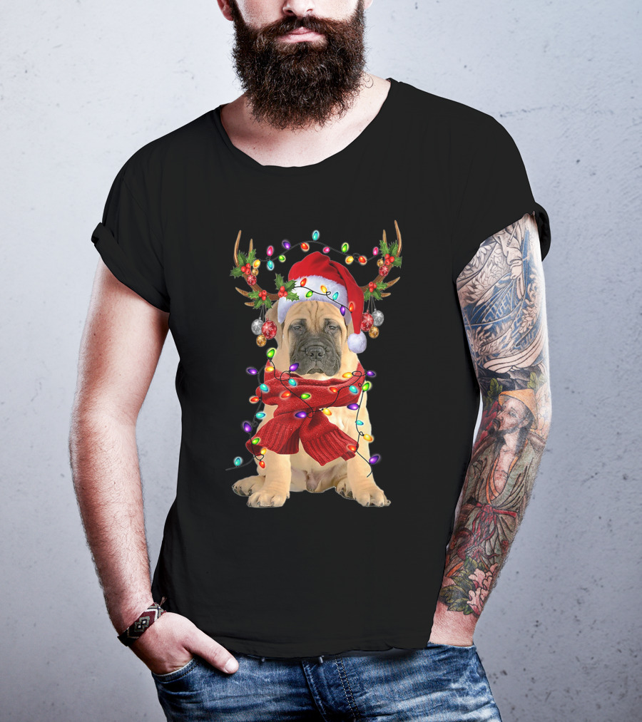 Festive Bull Mastiff Reindeer Lights Christmas Dog T-Shirt