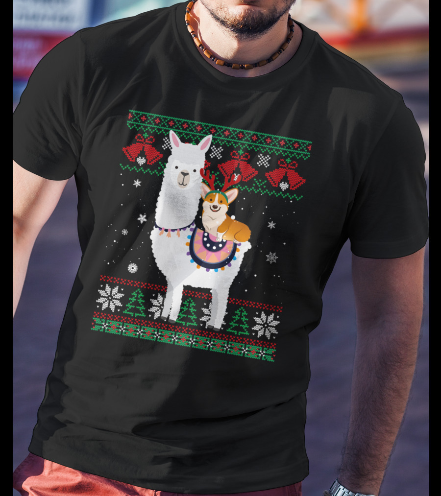 Christmas Corgi Riding Llama With Snowflakes And Reindeer Antlers T-Shirt
