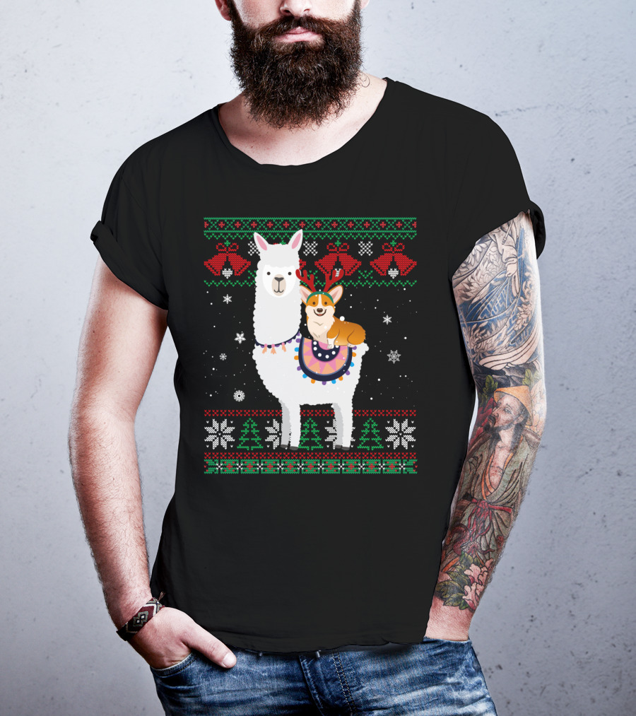 Christmas Corgi Riding Llama With Snowflakes And Reindeer Antlers T-Shirt