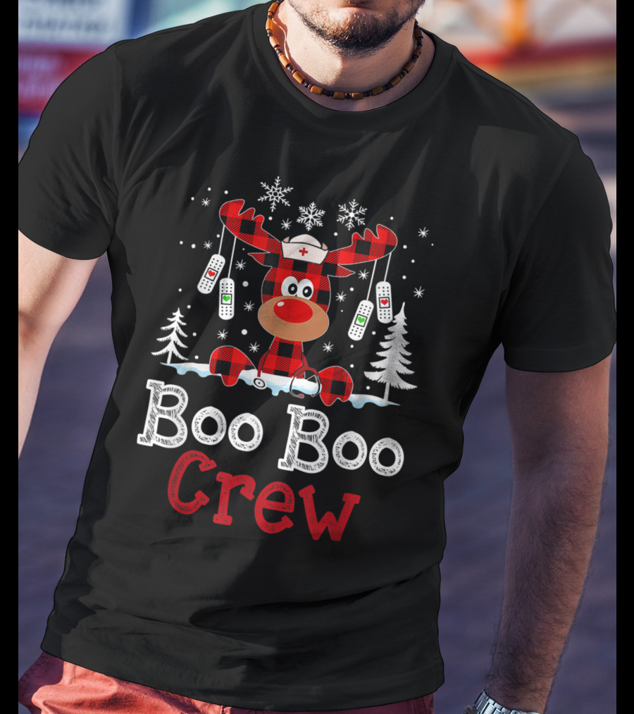 Boo Boo Crew Funny Cute Reindeer Buffalo Plaid T-Shirt