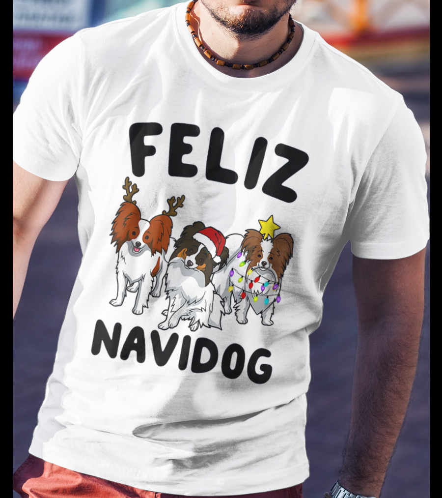 Feliz Navidog Funny Papillon Reindeer Santa Hat Christmas Lights T-Shirt