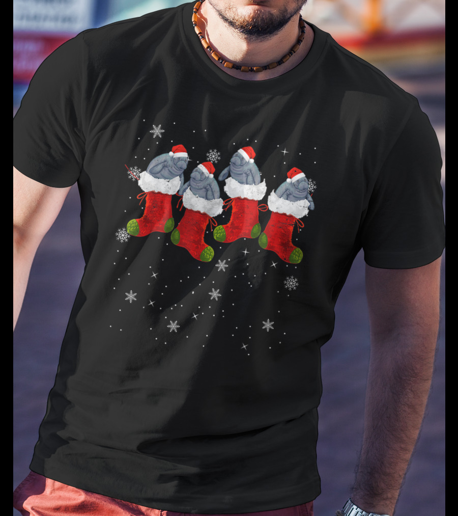Santa Hat Manatees In Christmas Stockings With Snowflakes T-Shirt
