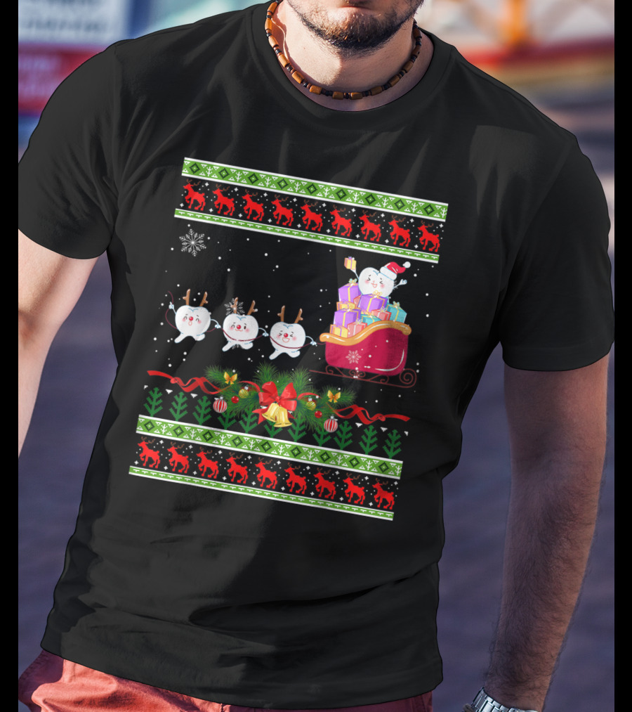 Funny Christmas Tree Dental Snowmen In Santa's Sleigh T-Shirt