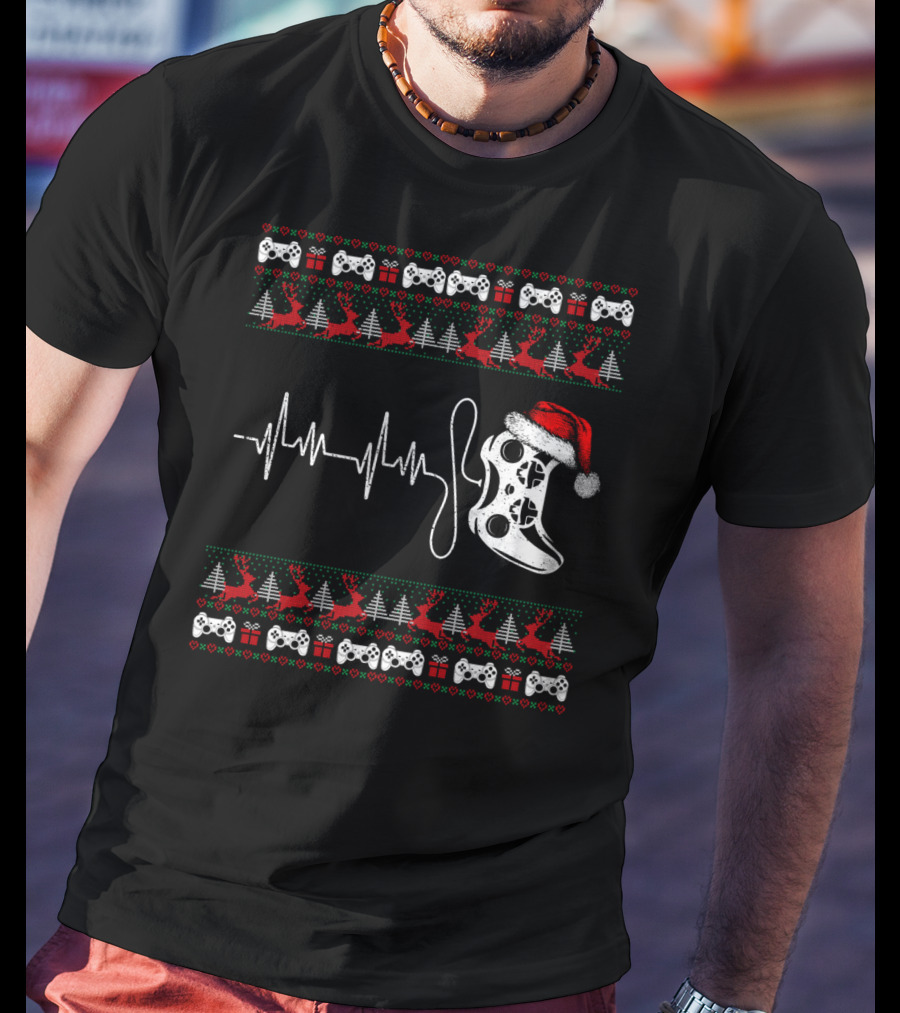 Gamer Heartbeat Christmas Controller Santa Hat Trees Reindeer T-Shirt