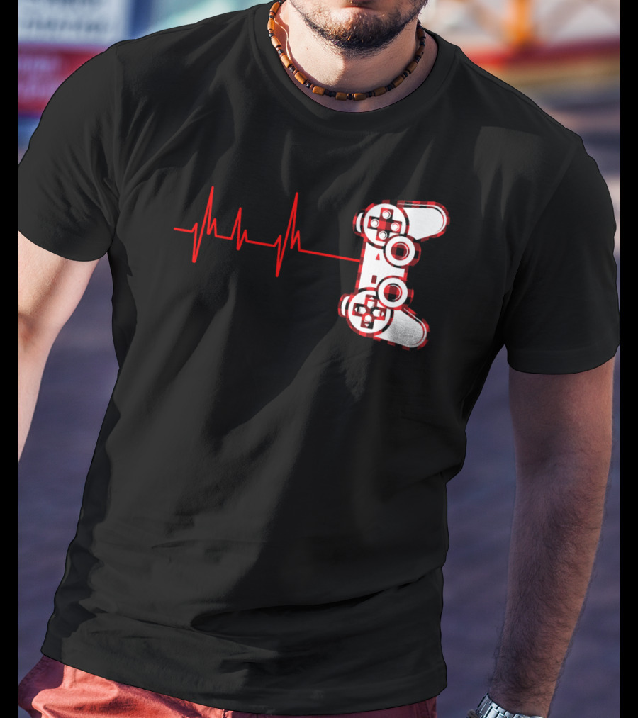 Heartbeat Red Buffalo Plaid Gamer Video Game Controller T-Shirt