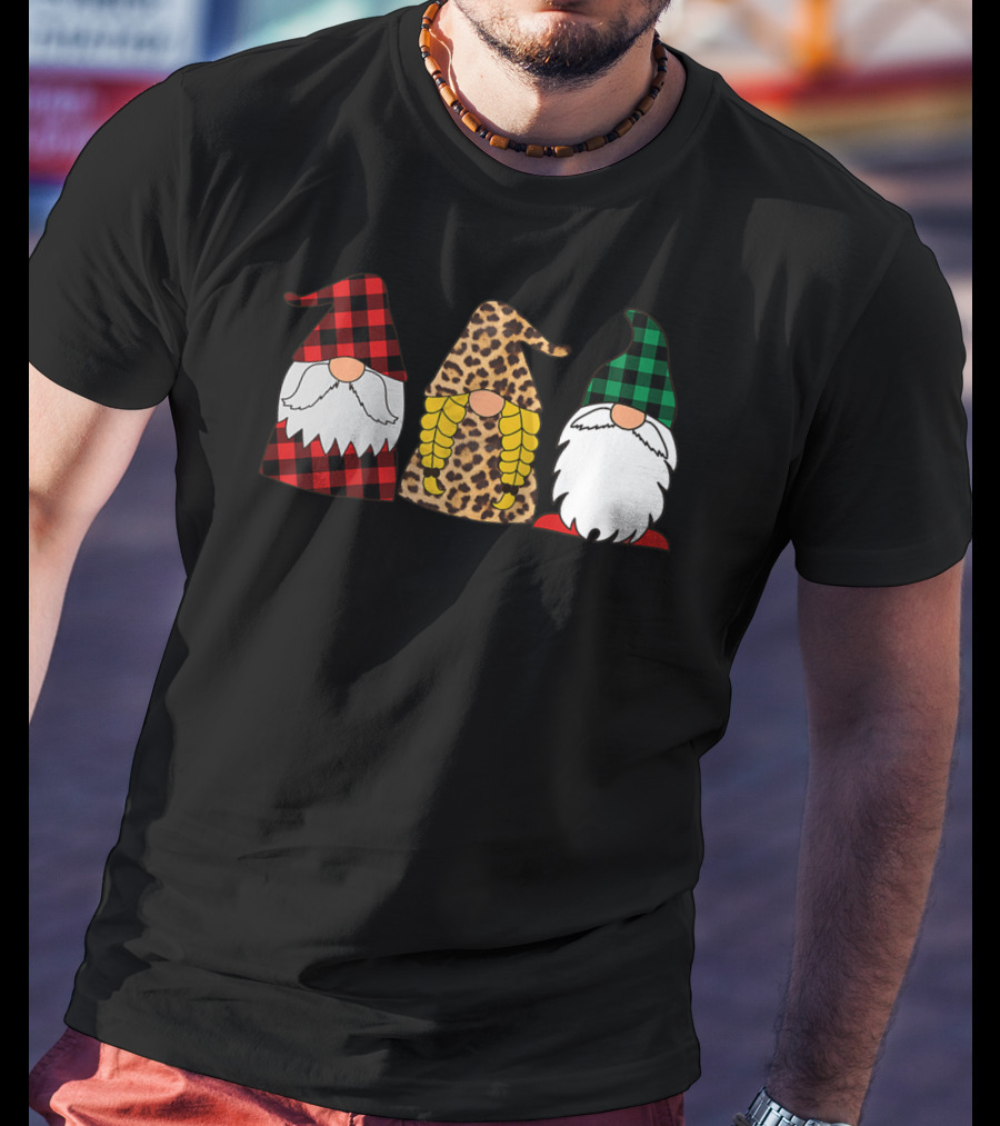 Gnomes Red Plaid Leopard Print Green Plaid T-Shirt