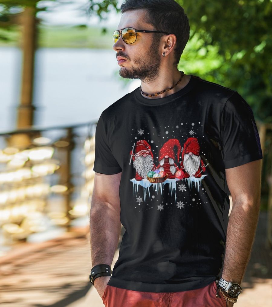 Hanging With Red Gnomies Crochet Funny Gnome Snowflakes And Yarn On Ice T-Shirt