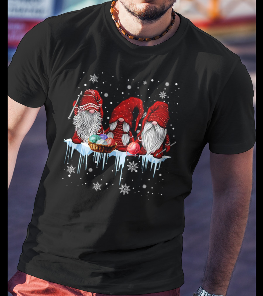 Hanging With Red Gnomies Crochet Funny Gnome Snowflakes And Yarn On Ice T-Shirt