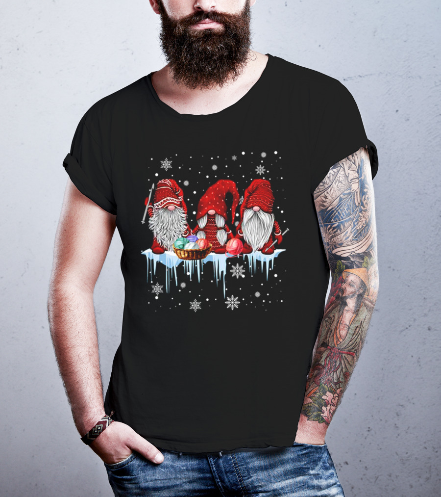 Hanging With Red Gnomies Crochet Funny Gnome Snowflakes And Yarn On Ice T-Shirt