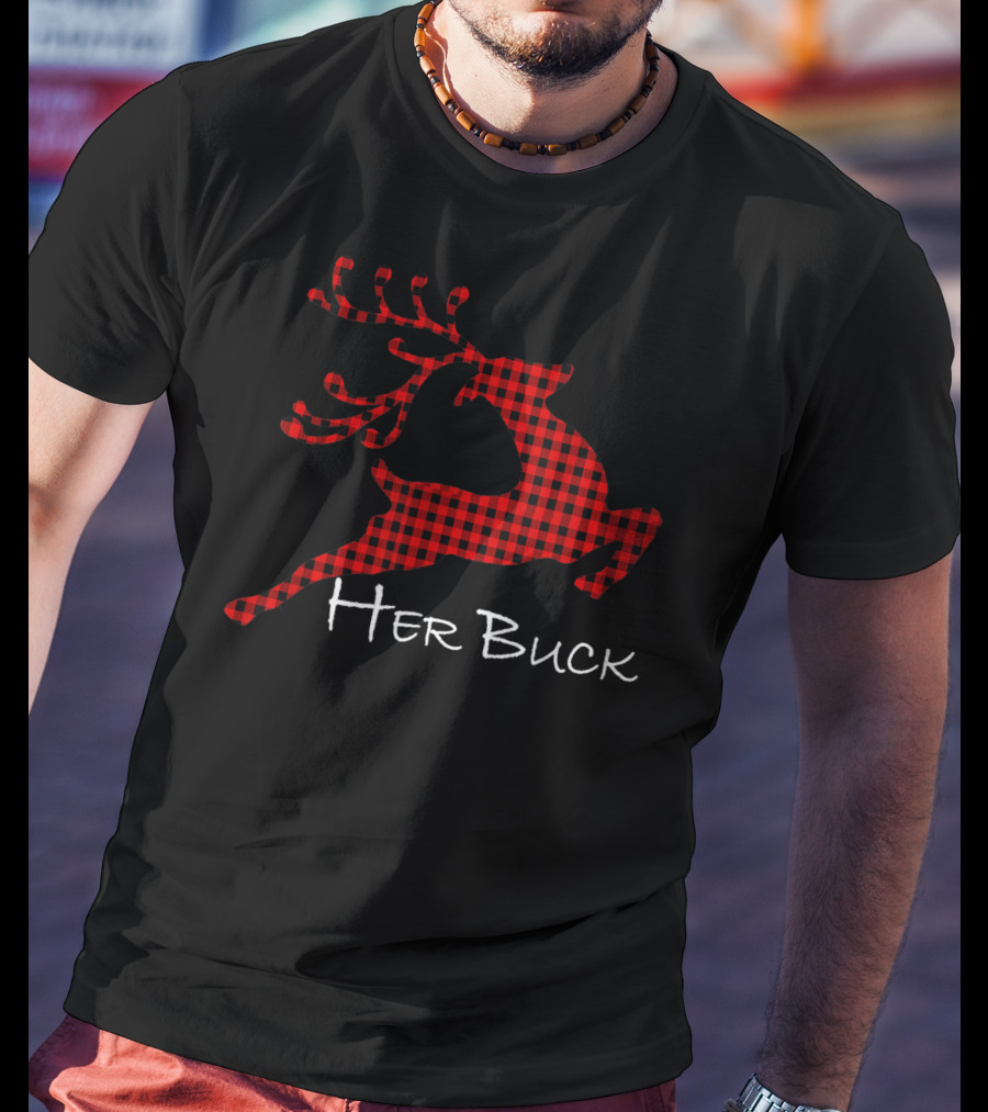 Her Buck Red Plaid Reindeer Couples Matching T-Shirt