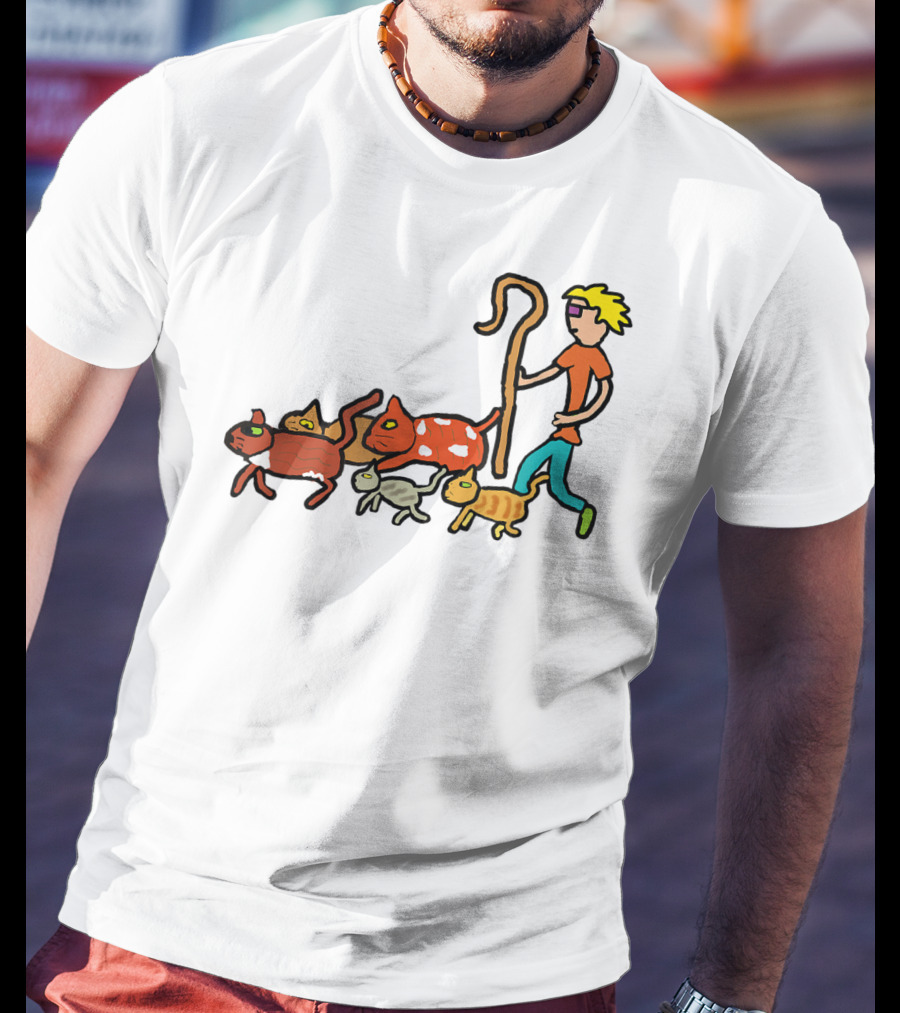 Herding Cats Cartoon Shepherd With Colorful Cats Scene T-Shirt