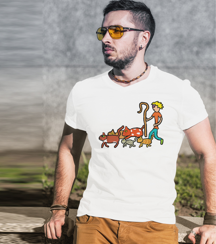 Herding Cats Cartoon Shepherd With Colorful Cats Scene T-Shirt