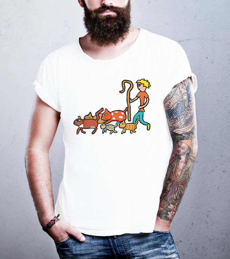 Herding Cats Cartoon Shepherd With Colorful Cats Scene T-Shirt