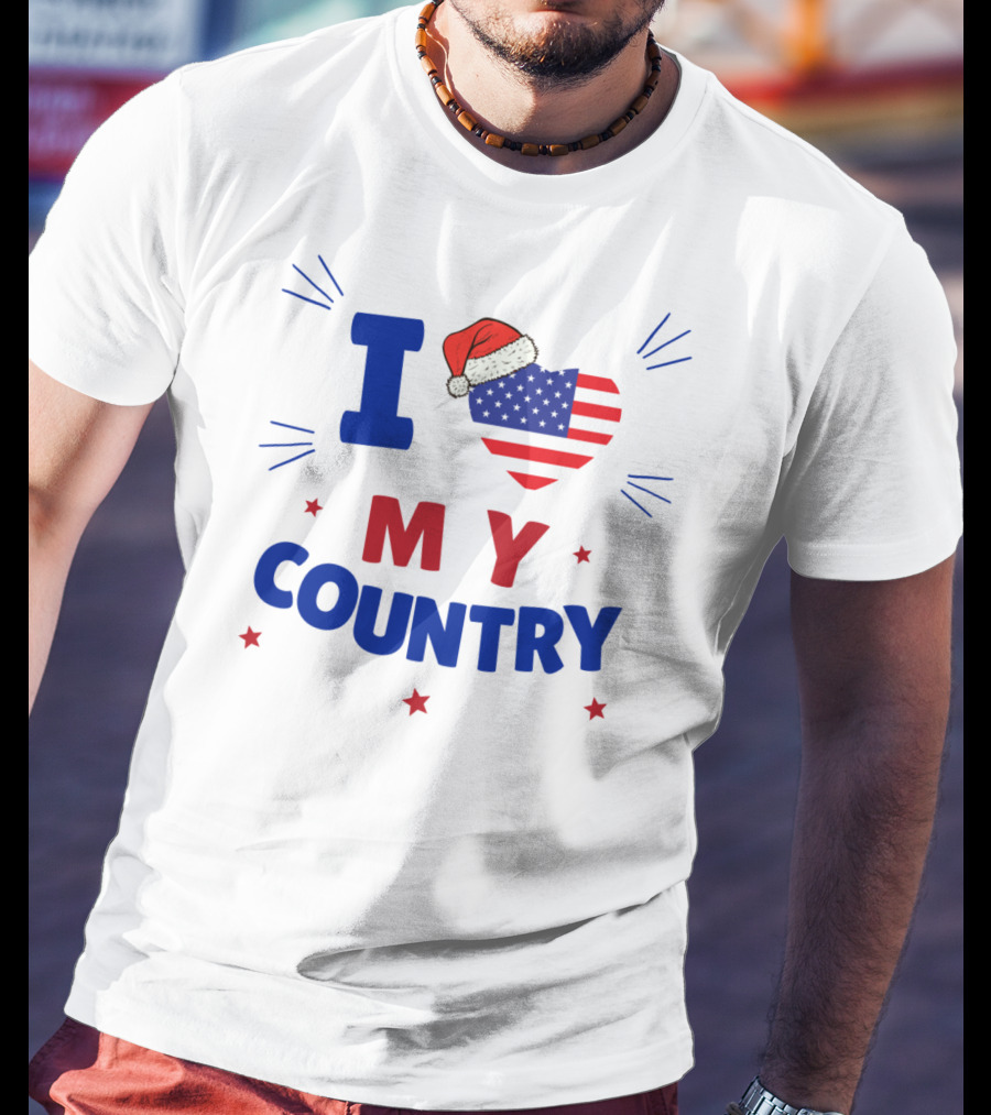 I Love My Country Heart Flag Santa Hat Patriotic Merry Christmas T-Shirt