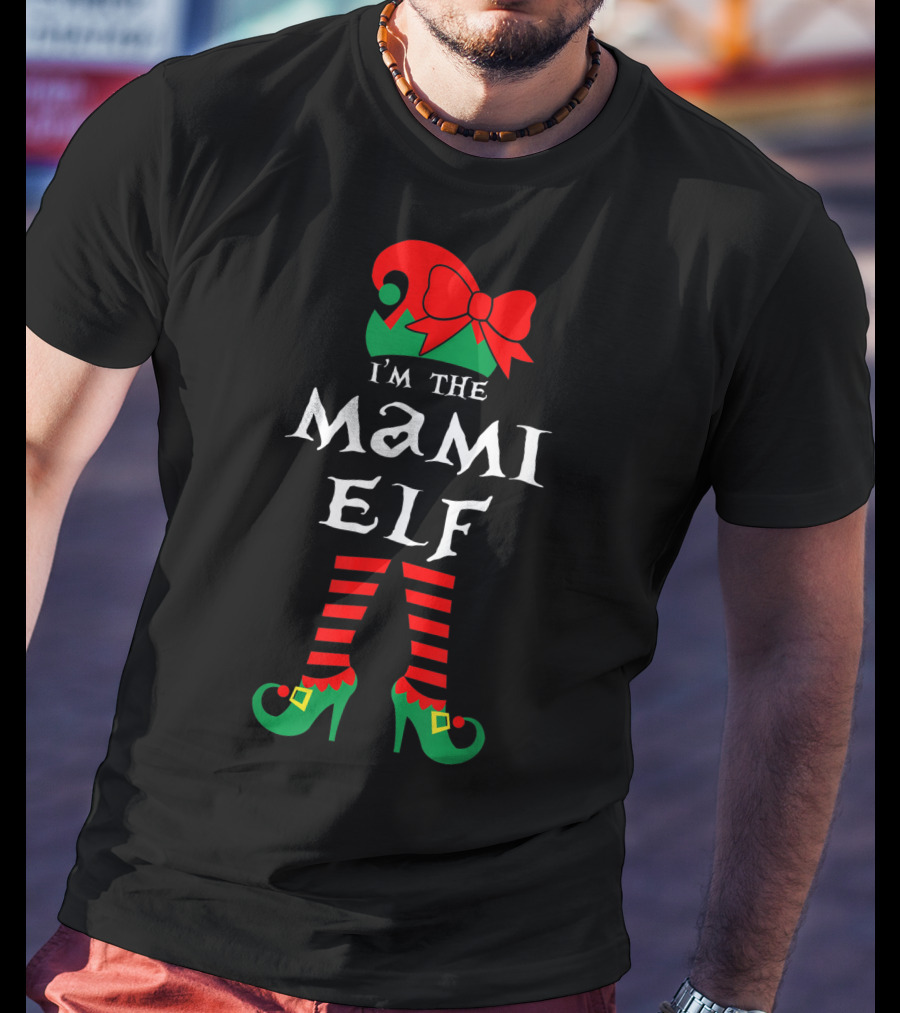 I'm The Mami Elf Striped Leg Red Bow Hat T-Shirt
