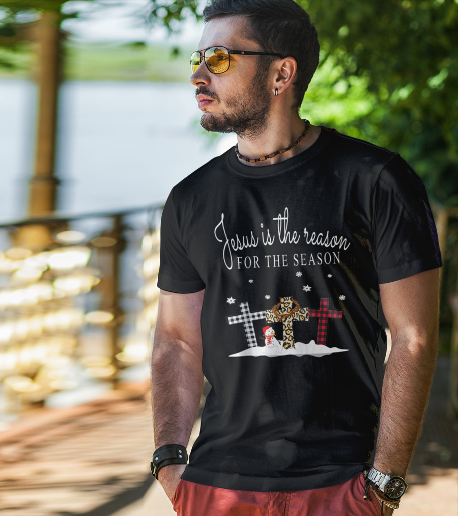 Jesus Is The Reason For The Season Crosses Plaid Leopard Snowman Snowflakes T-Shirt