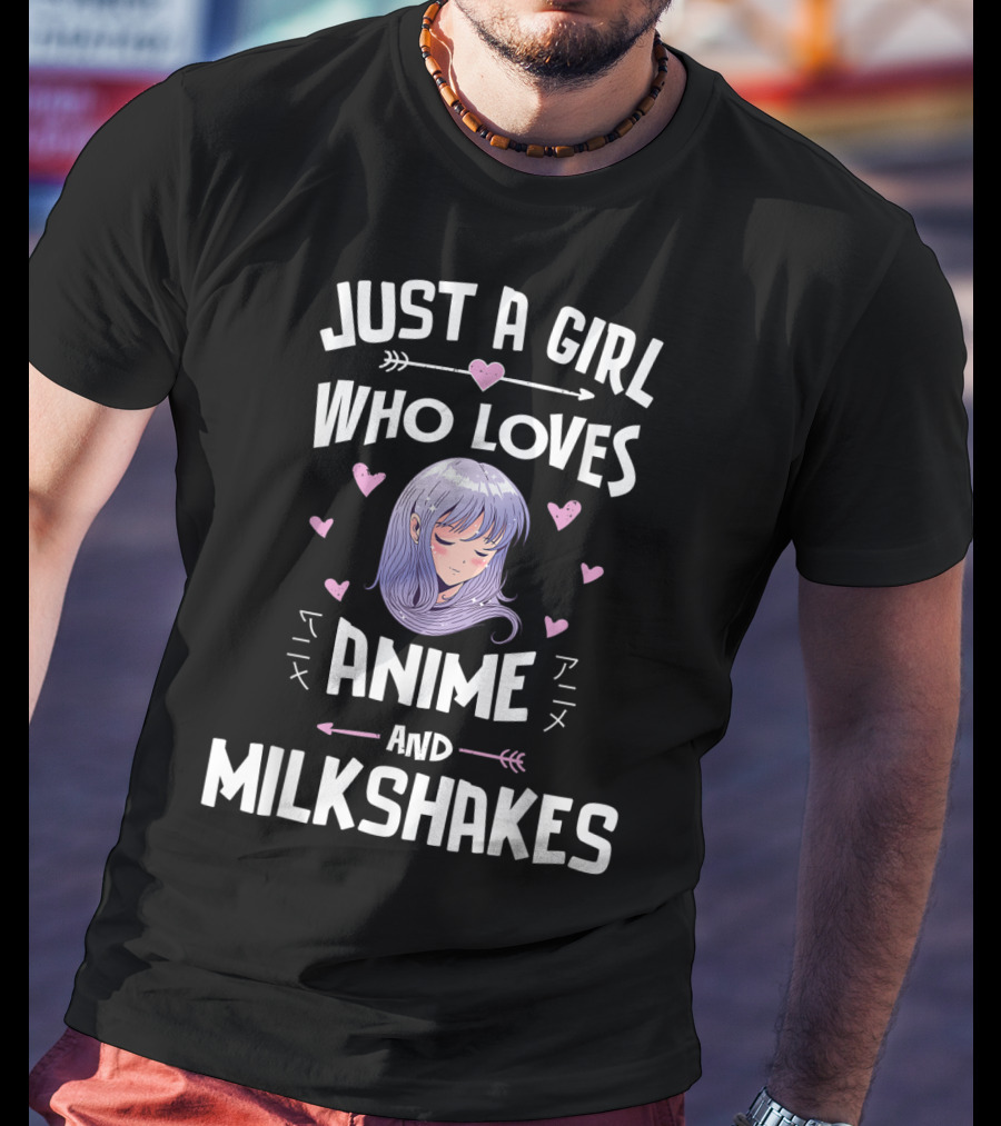 Just A Girl Who Loves Anime And Milkshakes With Purple Hair And Hearts T-Shirt