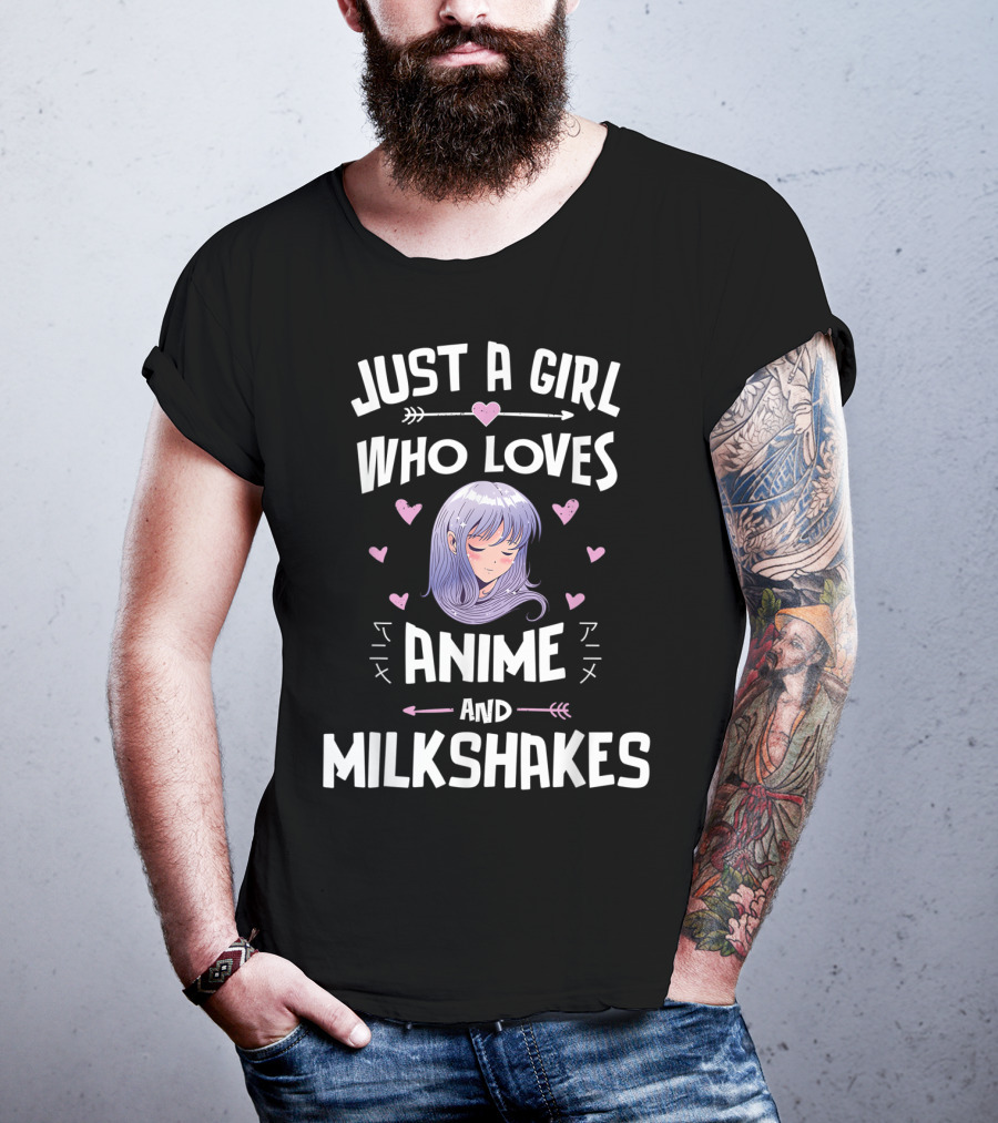 Just A Girl Who Loves Anime And Milkshakes With Purple Hair And Hearts T-Shirt
