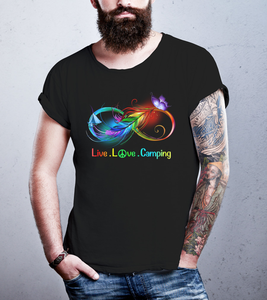 Live Love Camping Hippie Peace Infinity Rainbow Feather Tent Butterfly T-Shirt
