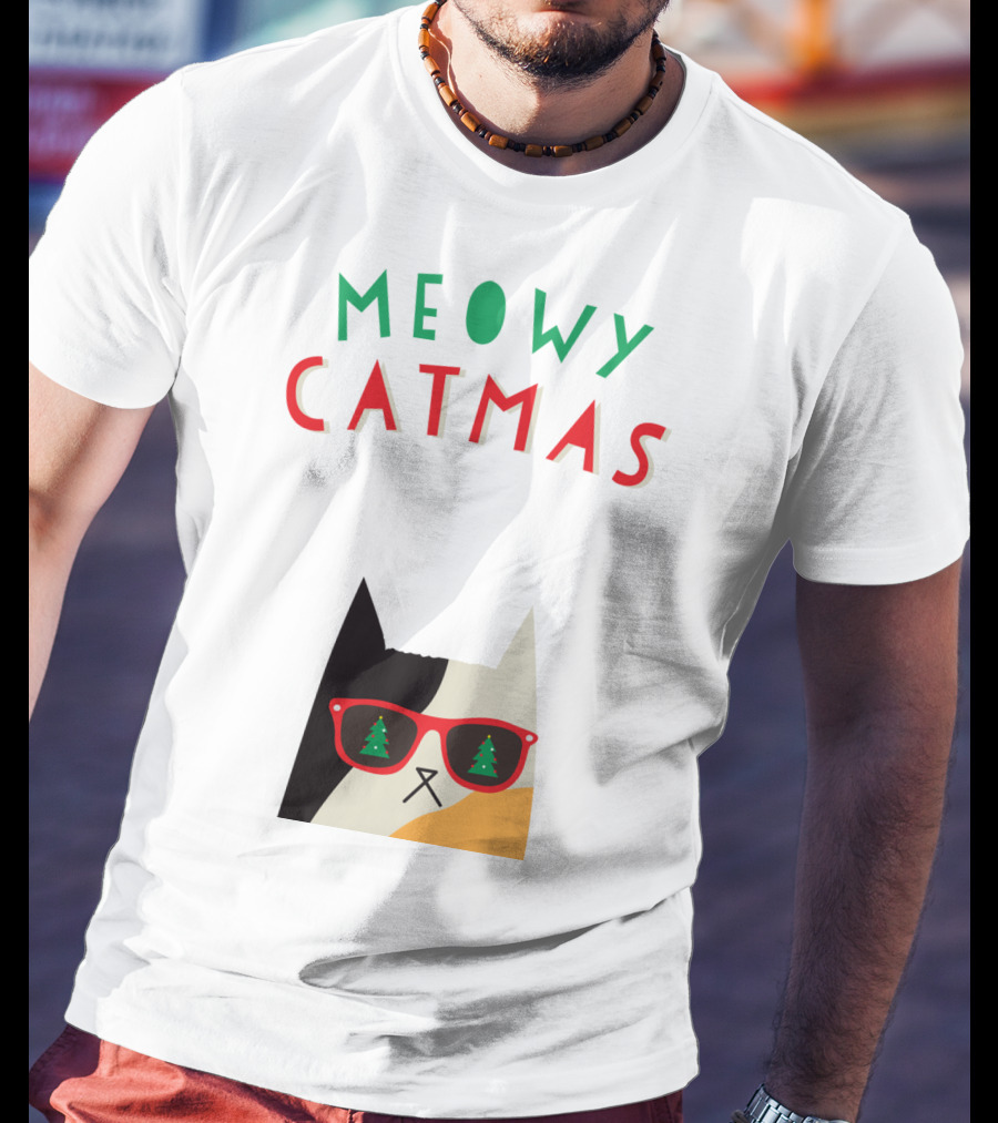 Meowy Catmas Christmas Calico Cat With Sunglasses And Trees T-Shirt