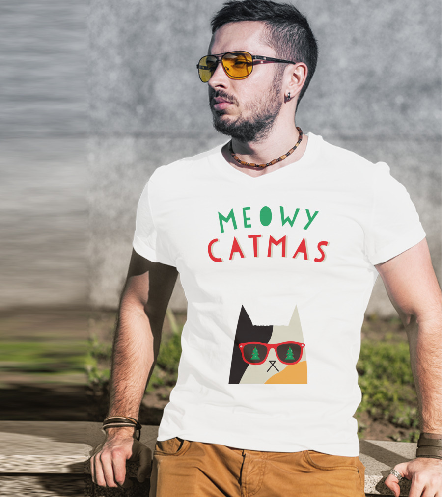 Meowy Catmas Christmas Calico Cat With Sunglasses And Trees T-Shirt