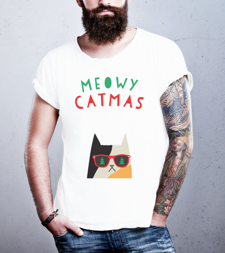 Meowy Catmas Christmas Calico Cat With Sunglasses And Trees T-Shirt