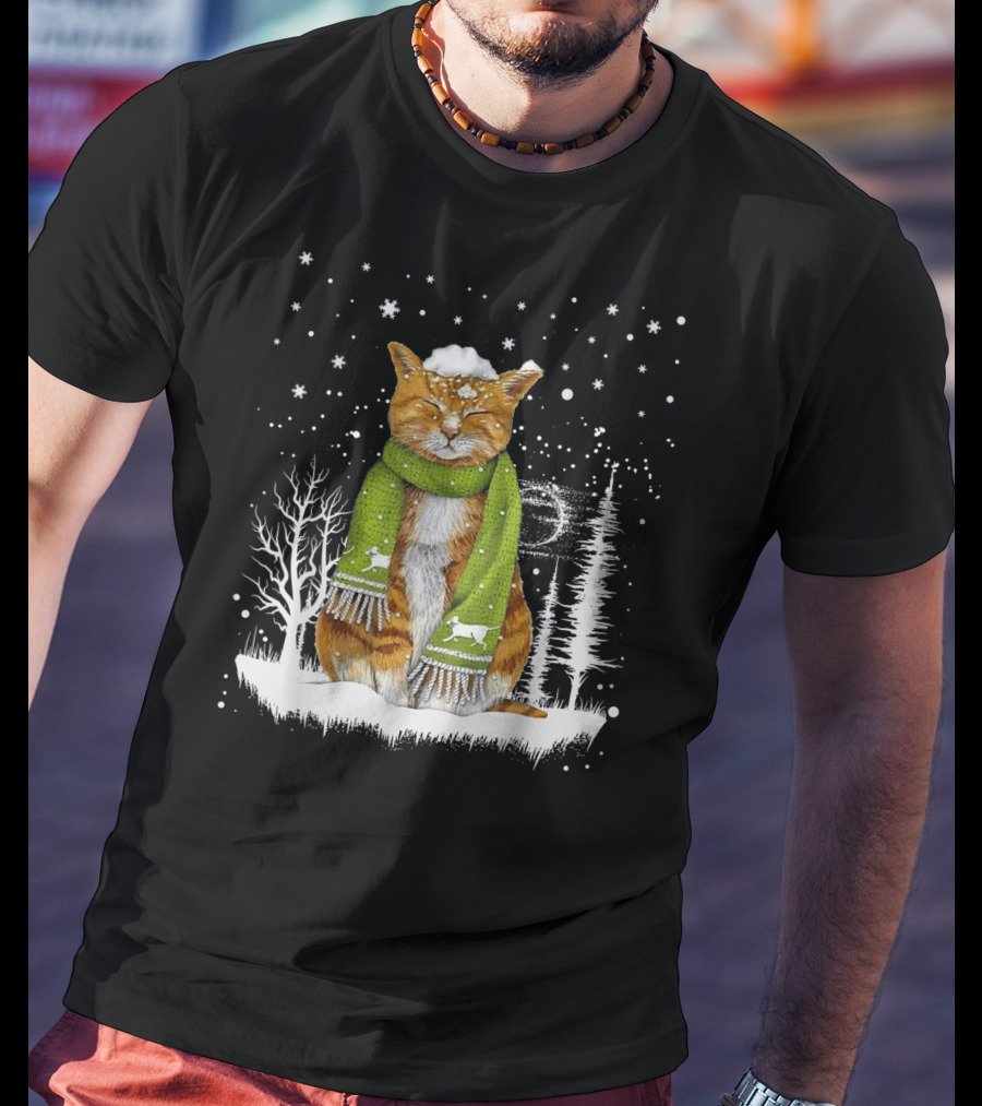 Meowy Xmas Christmas Cats In Snow With Green Scarf And Reindeer T-Shirt