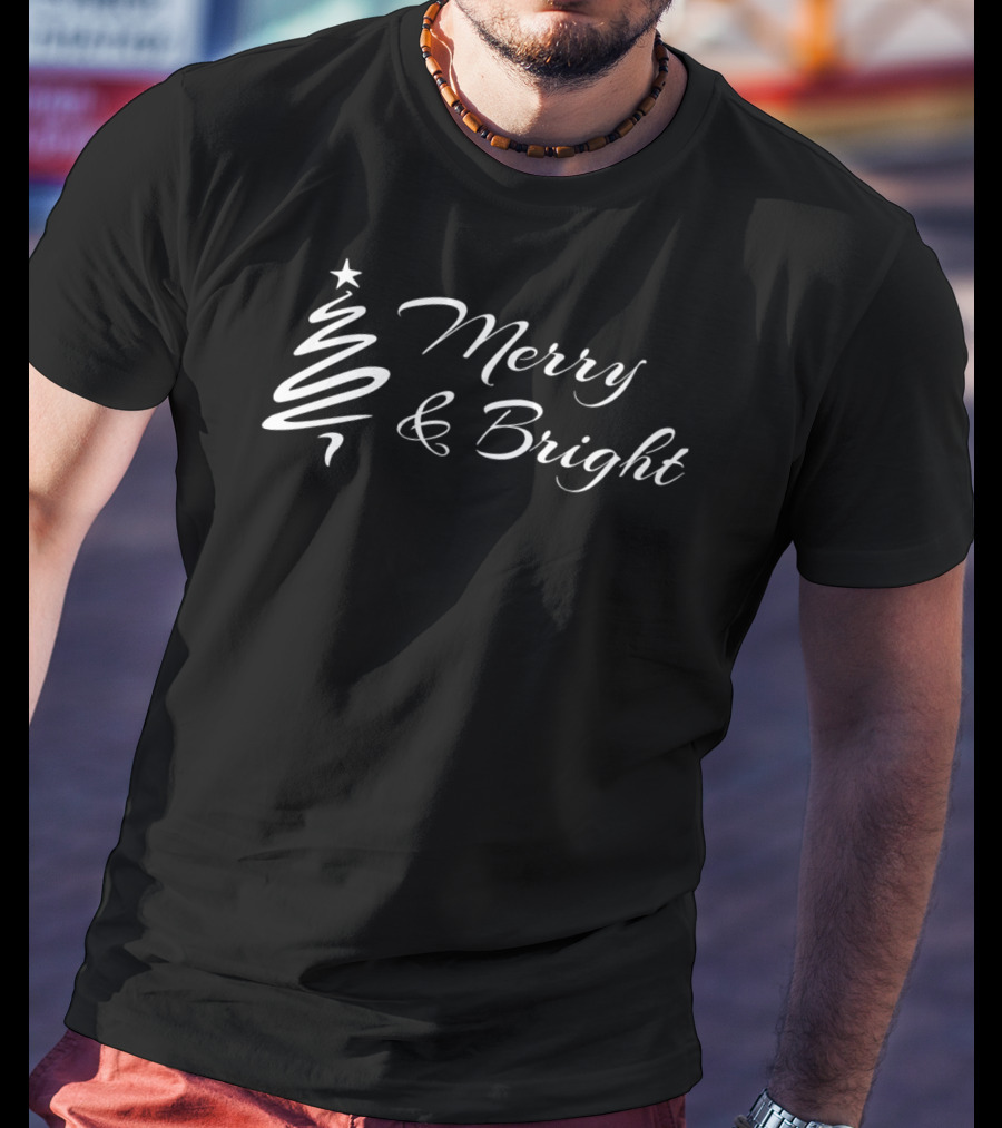 Merry And Bright Christmas Tree Design With Swirling Star Topper T-Shirt