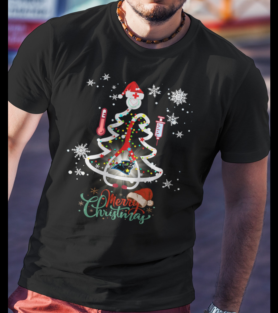 Merry Christmas Carolina Panthers Nurse Football Tree T-Shirt