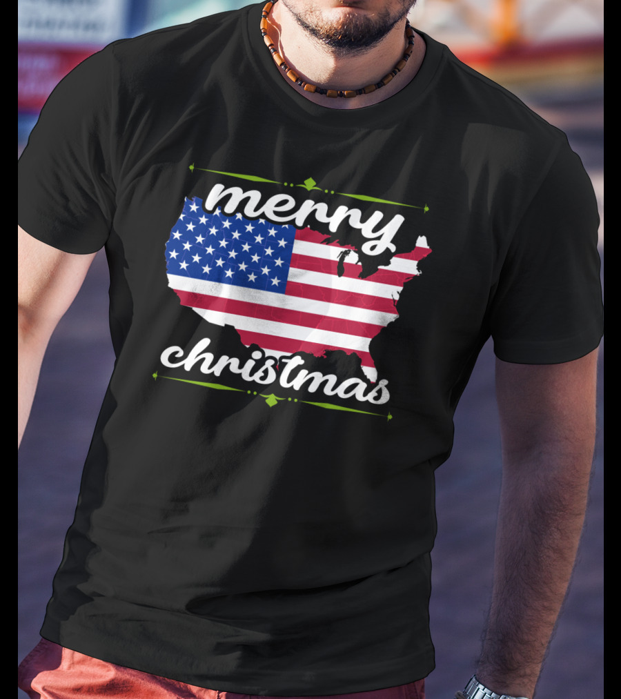 Merry Christmas USA Flag Map T-Shirt