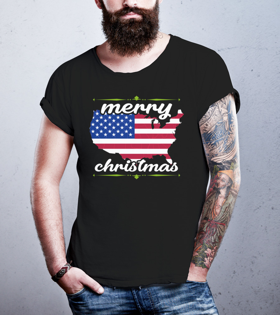 Merry Christmas USA Flag Map T-Shirt