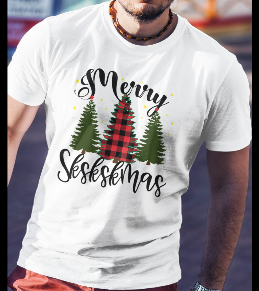 Merry Skskskmas Plaid Trees Scrunchie Visco Holiday T-Shirt