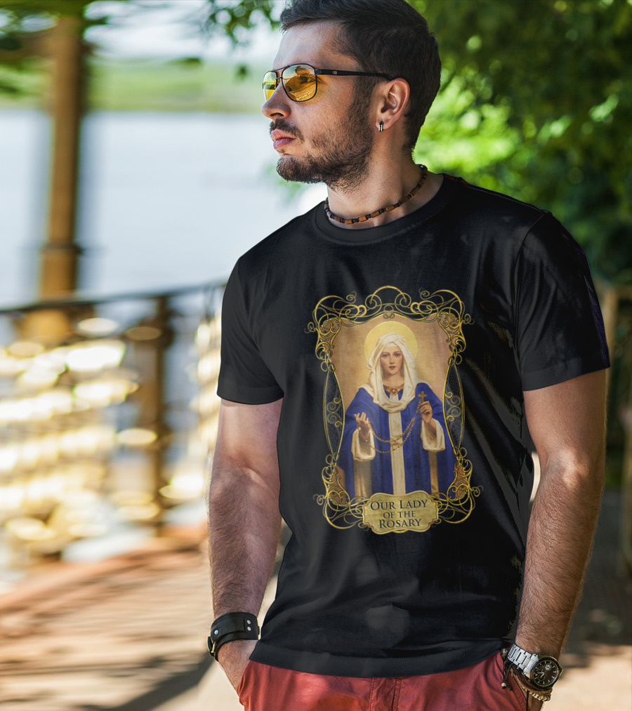 Our Lady Of The Rosary Catholic Prayer Blessed Virgin Mary Icon With Rosary Beads And Cross T-Shirt